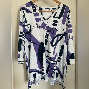 Chico's Purple and Black Graphic 3/4 Sleeve Blouse